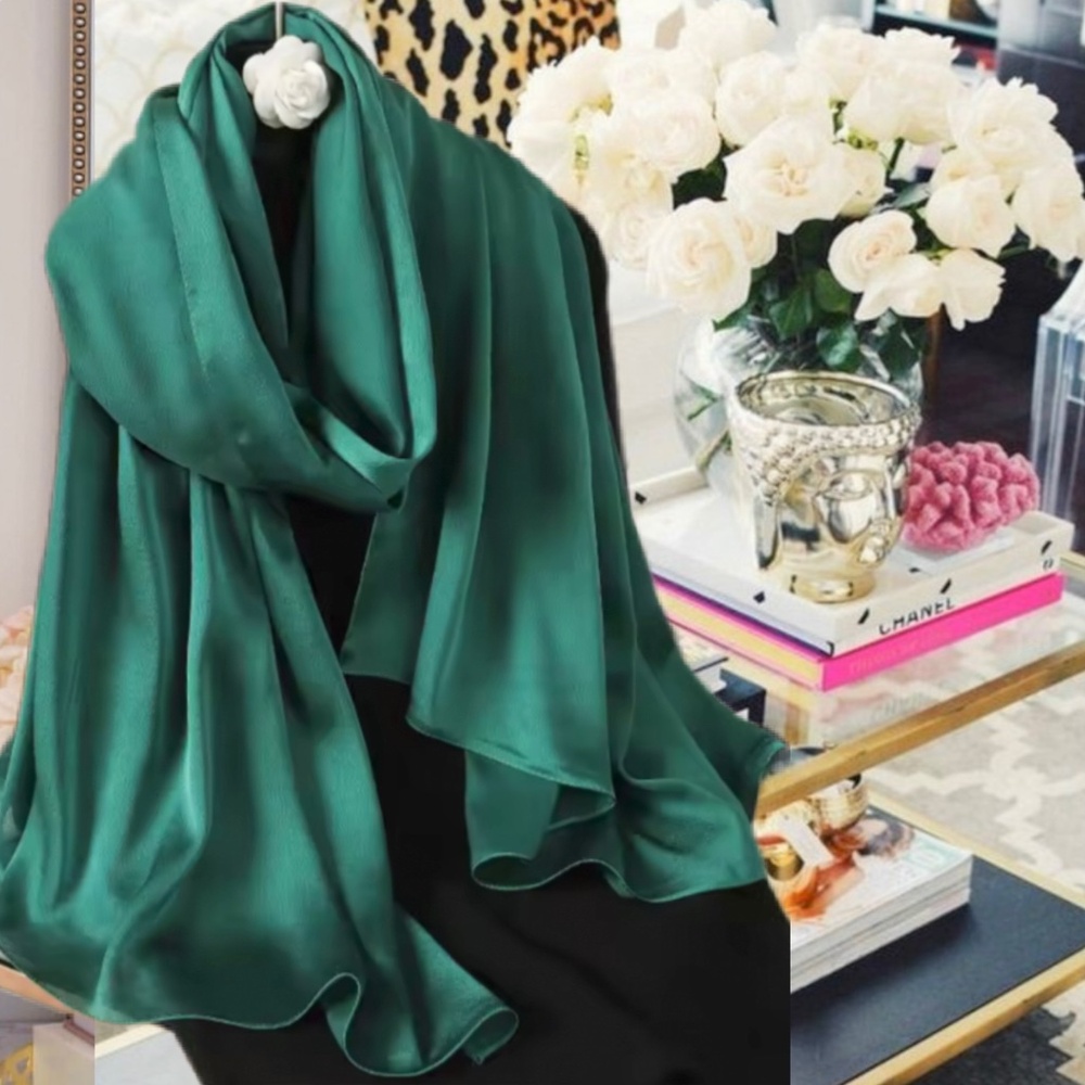 Luxury Dark Emerald Green100% SILK SATIN Large Shawl Scarf Wrap Wedding Cover Up